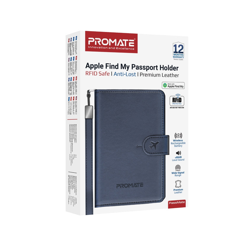 Promate PassMate Anti-Loss Slim Leather Passport Holder with RFID Protection & Smart Tracking