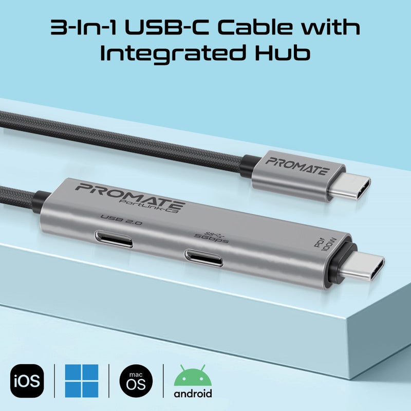 Promate PortLink-C3 100W Power Delivery Dual USB-C 150cm Port Data & Charge Cable
