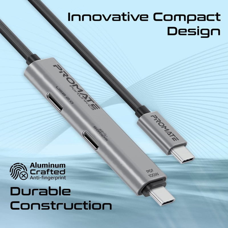 Promate PortLink-C3 100W Power Delivery Dual USB-C 150cm Port Data & Charge Cable