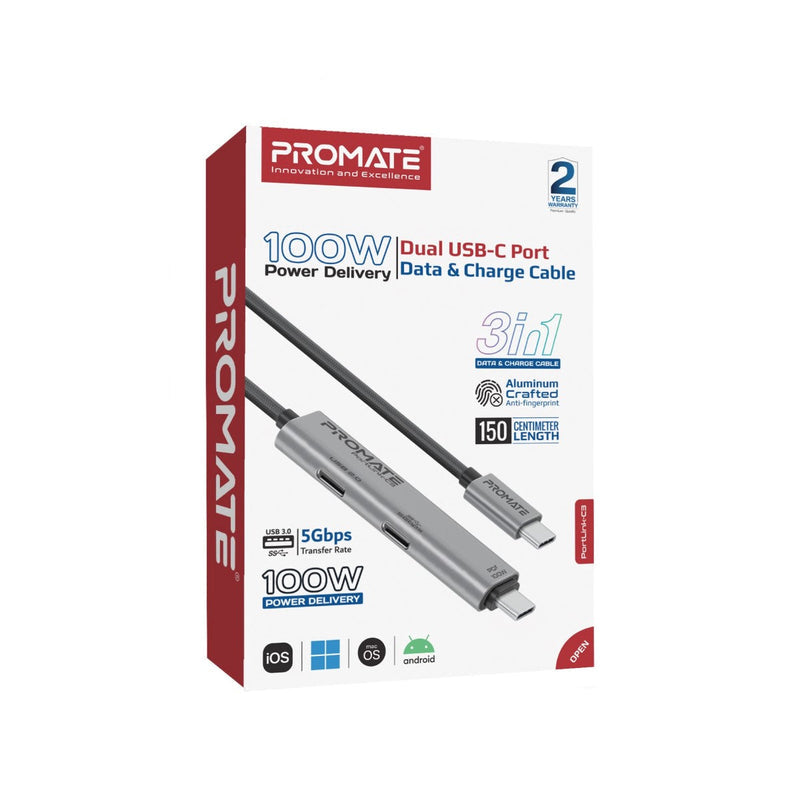 Promate PortLink-C3 100W Power Delivery Dual USB-C 150cm Port Data & Charge Cable