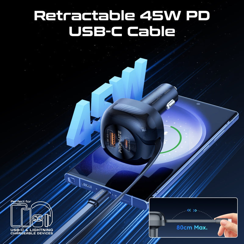 Promate PowerDrive-RC65 62W Multi-Port Car Charger with Retractable USB-C Cable