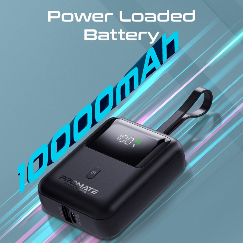Promate Powerpod-10 10000mAh Ultra Compact 35W Superspeed Power Bank With Built-In USB-C Cable 
