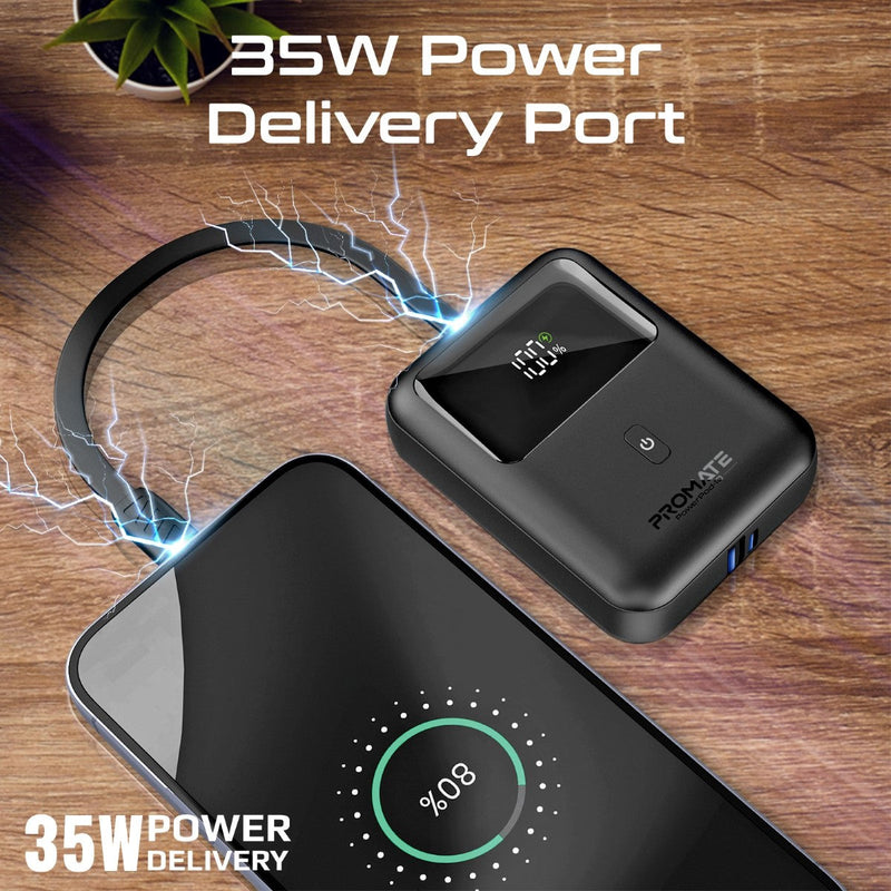 Promate Powerpod-10 10000mAh Ultra Compact 35W Superspeed Power Bank With Built-In USB-C Cable 