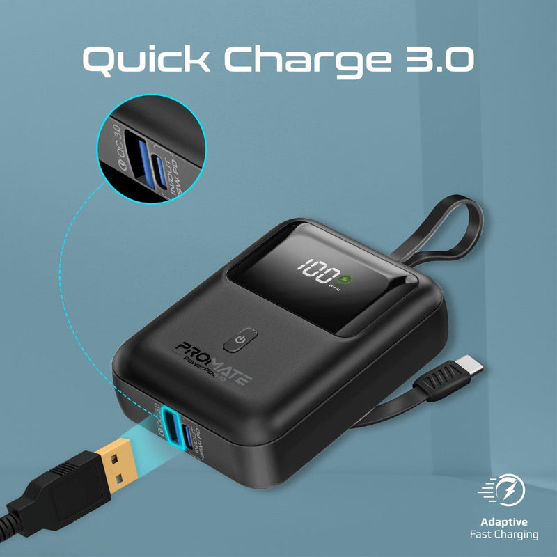 Promate Powerpod-10 10000mAh Ultra Compact 35W Superspeed Power Bank With Built-In USB-C Cable 