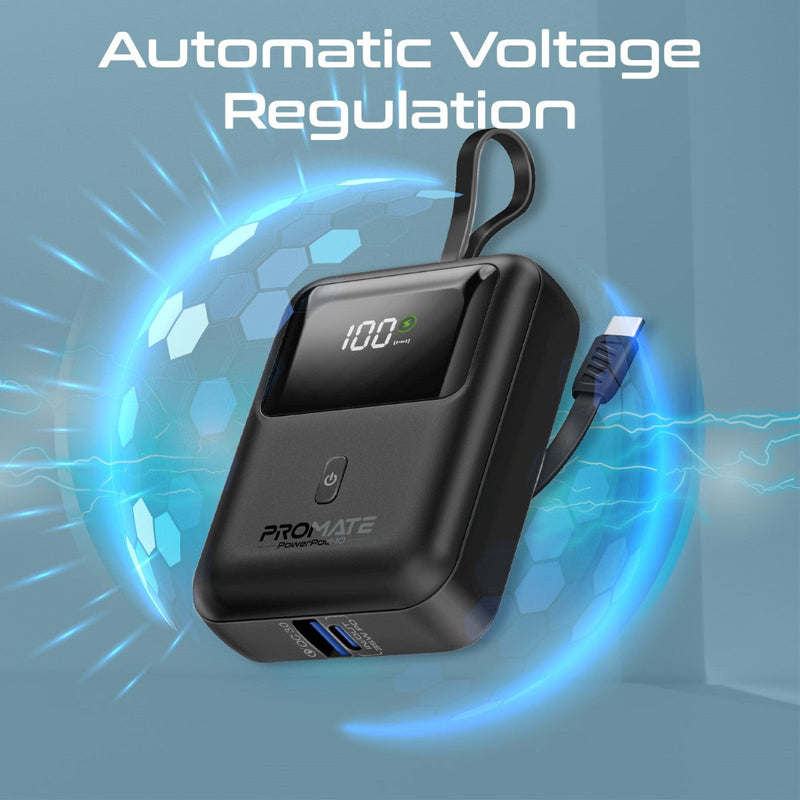 Promate Powerpod-10 10000mAh Ultra Compact 35W Superspeed Power Bank With Built-In USB-C Cable 
