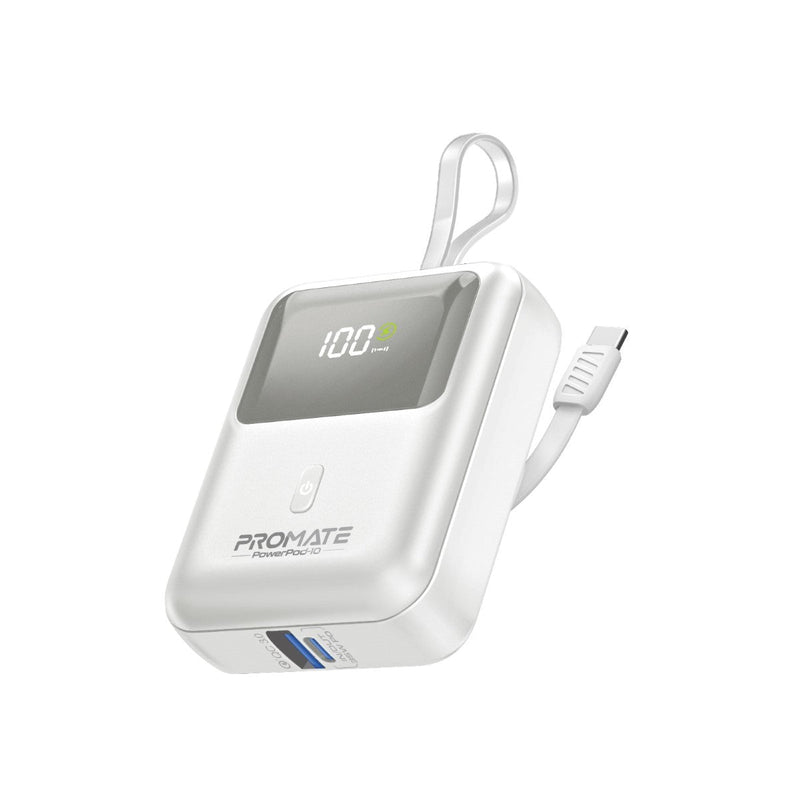 Promate Powerpod-10 10000mAh Ultra Compact 35W Superspeed Power Bank With Built-In USB-C Cable 
