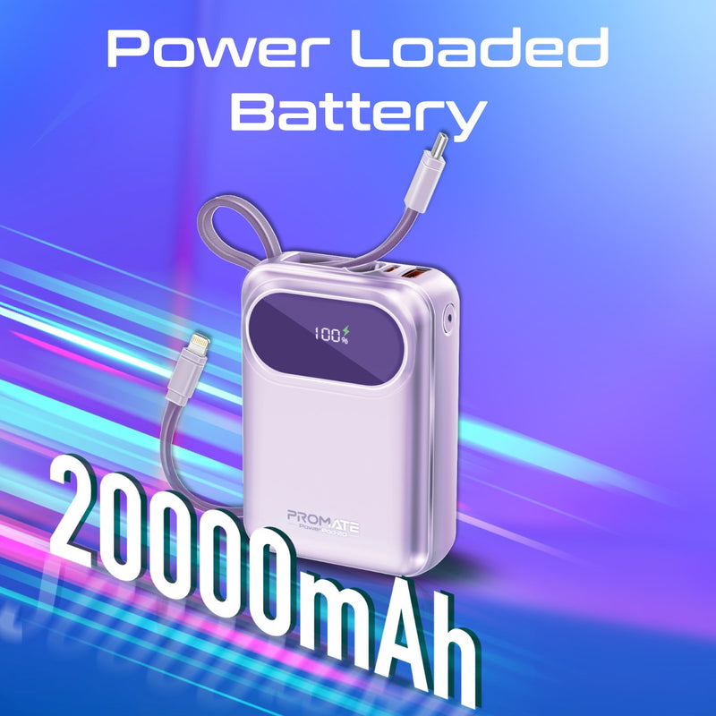 Promate Powerpod-20 20000mAh Ultra Compact 35W Superspeed Power Bank With Built-In Usb-C & Lightning Cable (Purple)