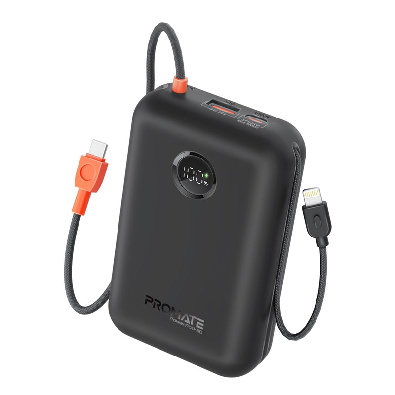 Promate PowerPod-30 30000mAh Compact Power Bank with Built-In USB-C & Lightning Cable (Black)