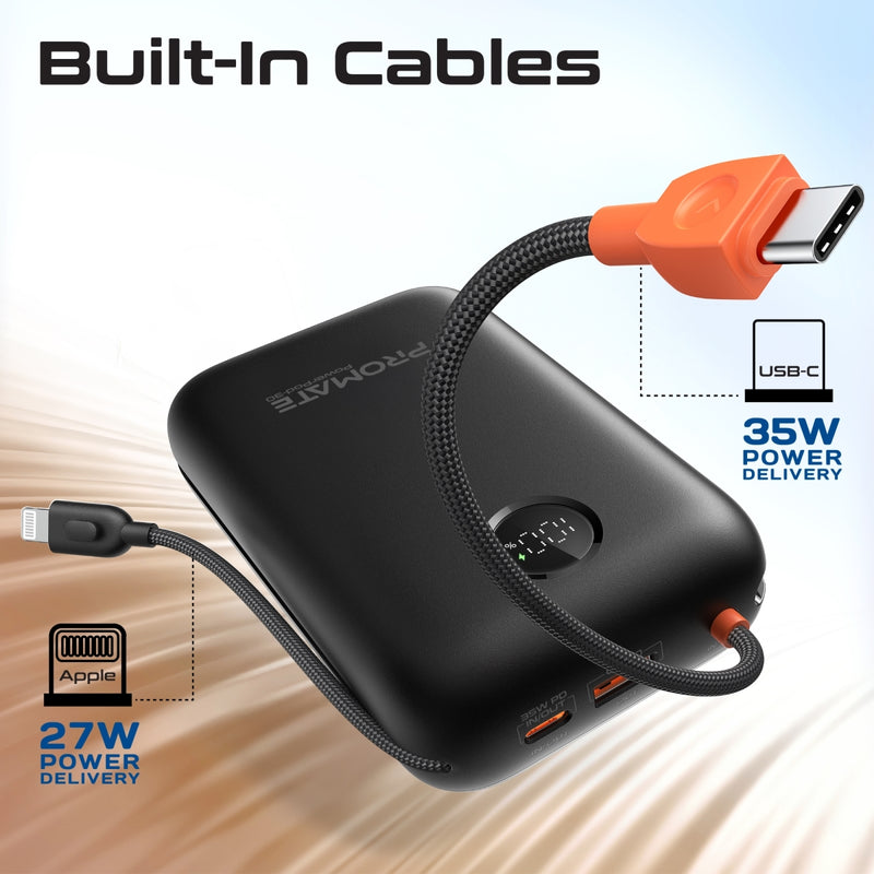Promate PowerPod-30 30000mAh Compact Power Bank with Built-In USB-C & Lightning Cable (Black)