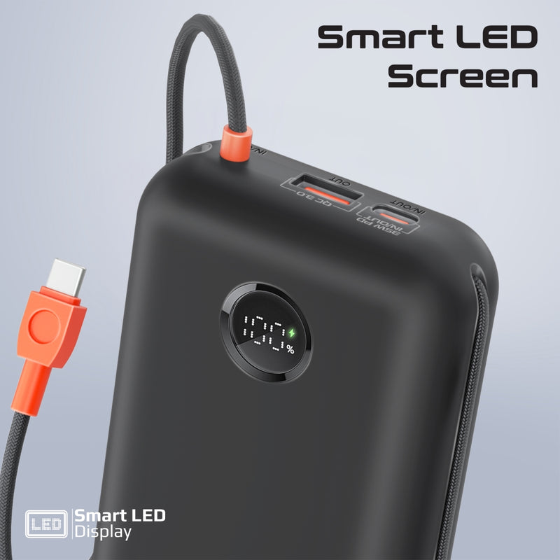 Promate PowerPod-30 30000mAh Compact Power Bank with Built-In USB-C & Lightning Cable (Black)