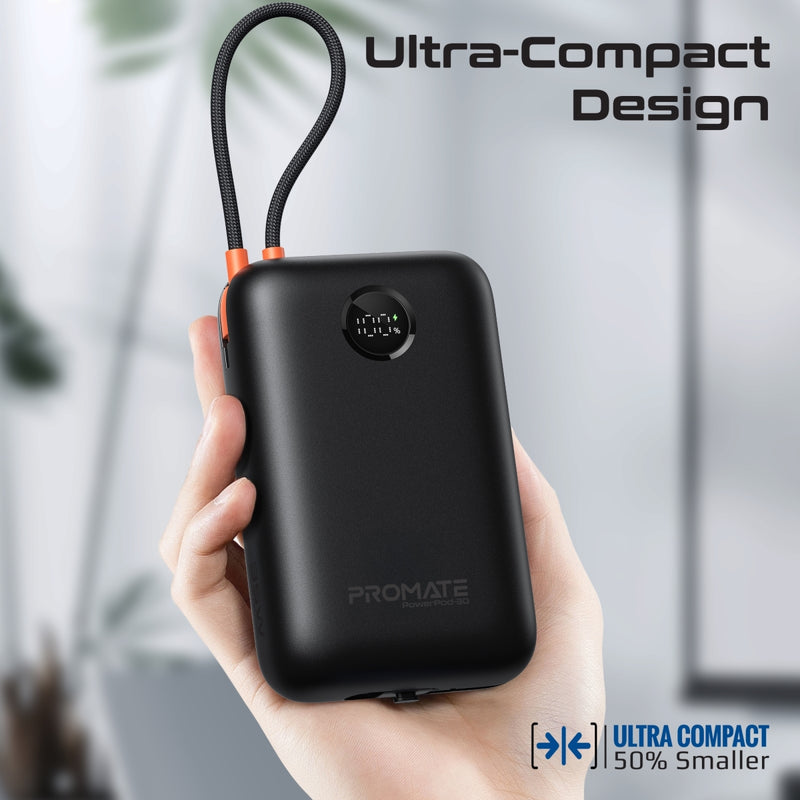 Promate PowerPod-30 30000mAh Compact Power Bank with Built-In USB-C & Lightning Cable (Black)