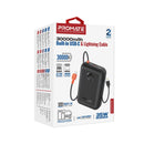 Promate PowerPod-30 30000mAh Compact Power Bank with Built-In USB-C & Lightning Cable (Black)