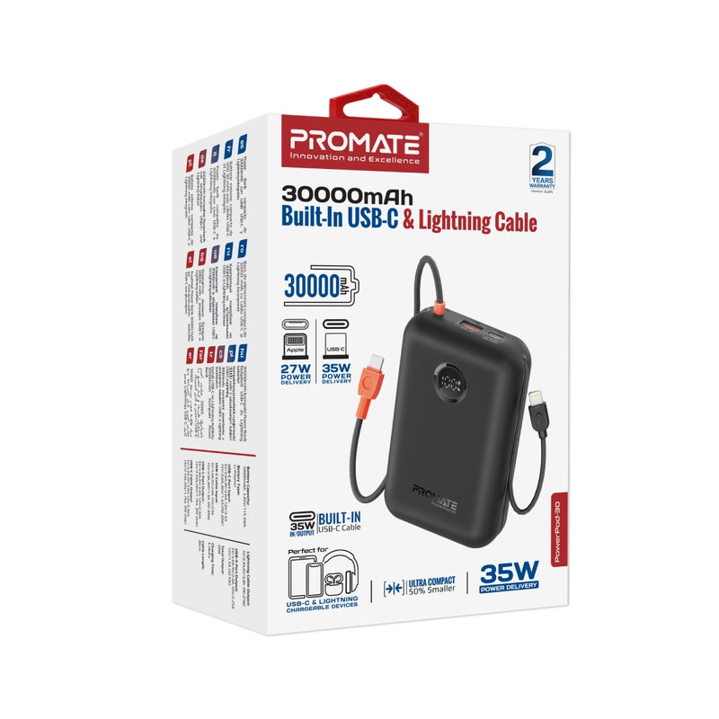 Promate PowerPod-30 30000mAh Compact Power Bank with Built-In USB-C & Lightning Cable (Black)