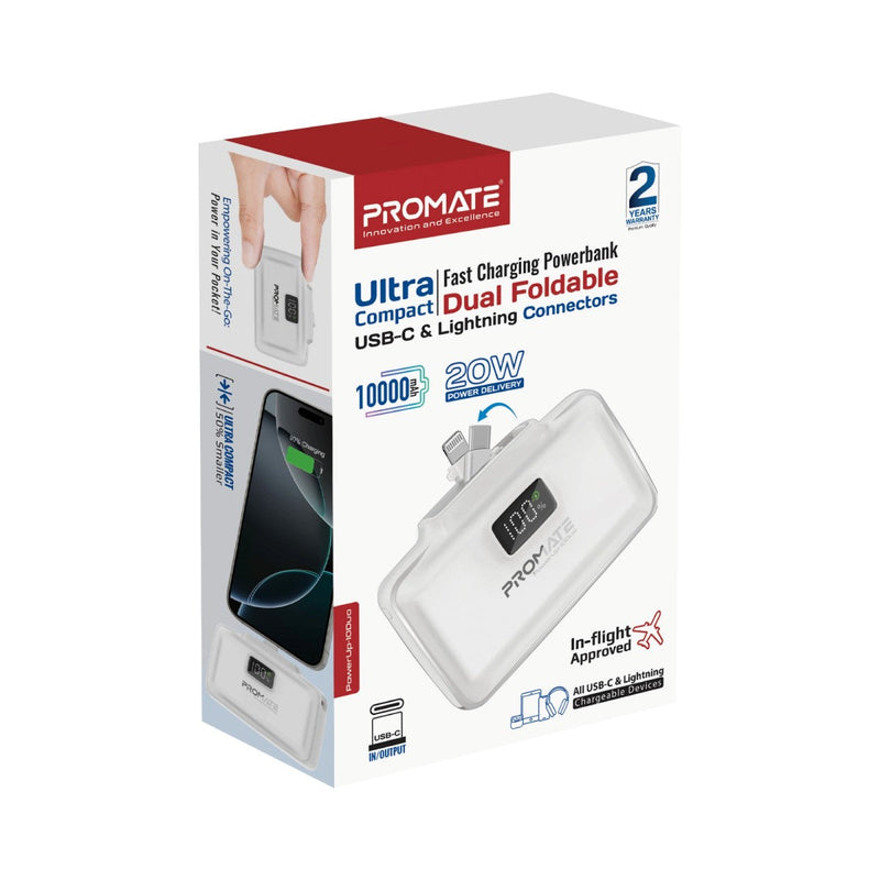 Promate PowerUp-10 Duo 10000mAh 20W Ultra-Compact Fast Charging PowerBank with Dual Folding USB-C