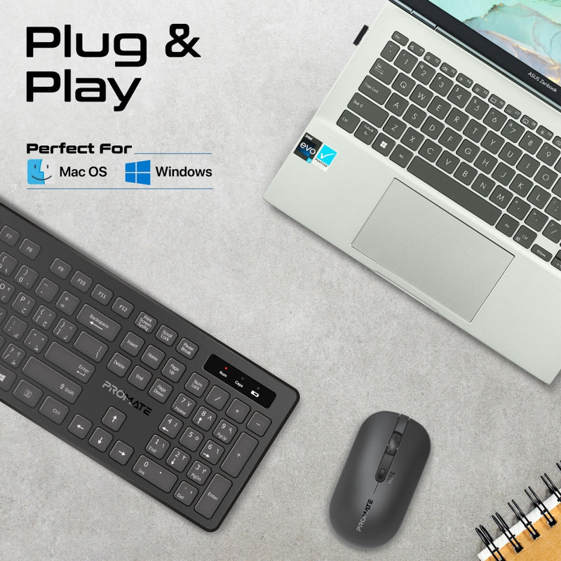 Promate ProCombo-13 Sleek Profile Full-Size Wireless Keyboard & Mouse (Black)