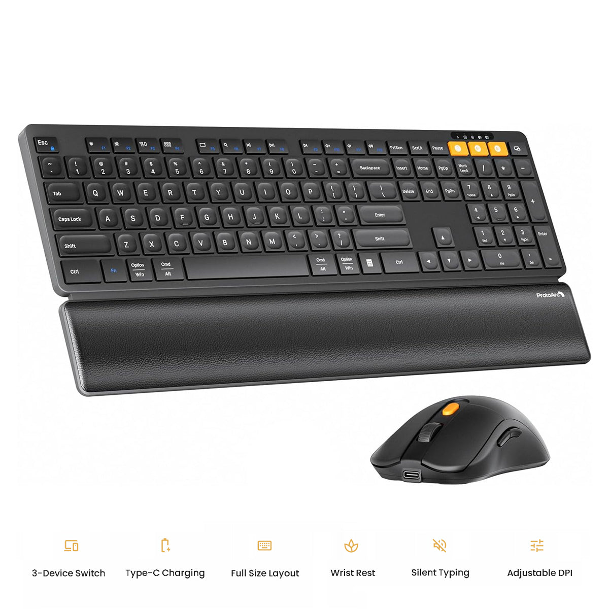 ProtoArc KM60 Ergonomic Triple Channel Bluetooth Keyboard and Mouse Combo with Wrist Rest