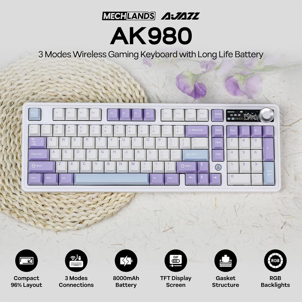 Ajazz AK980 V2 RGB Tri-Mode Mechanical Keyboard with TFT DisplayScreen