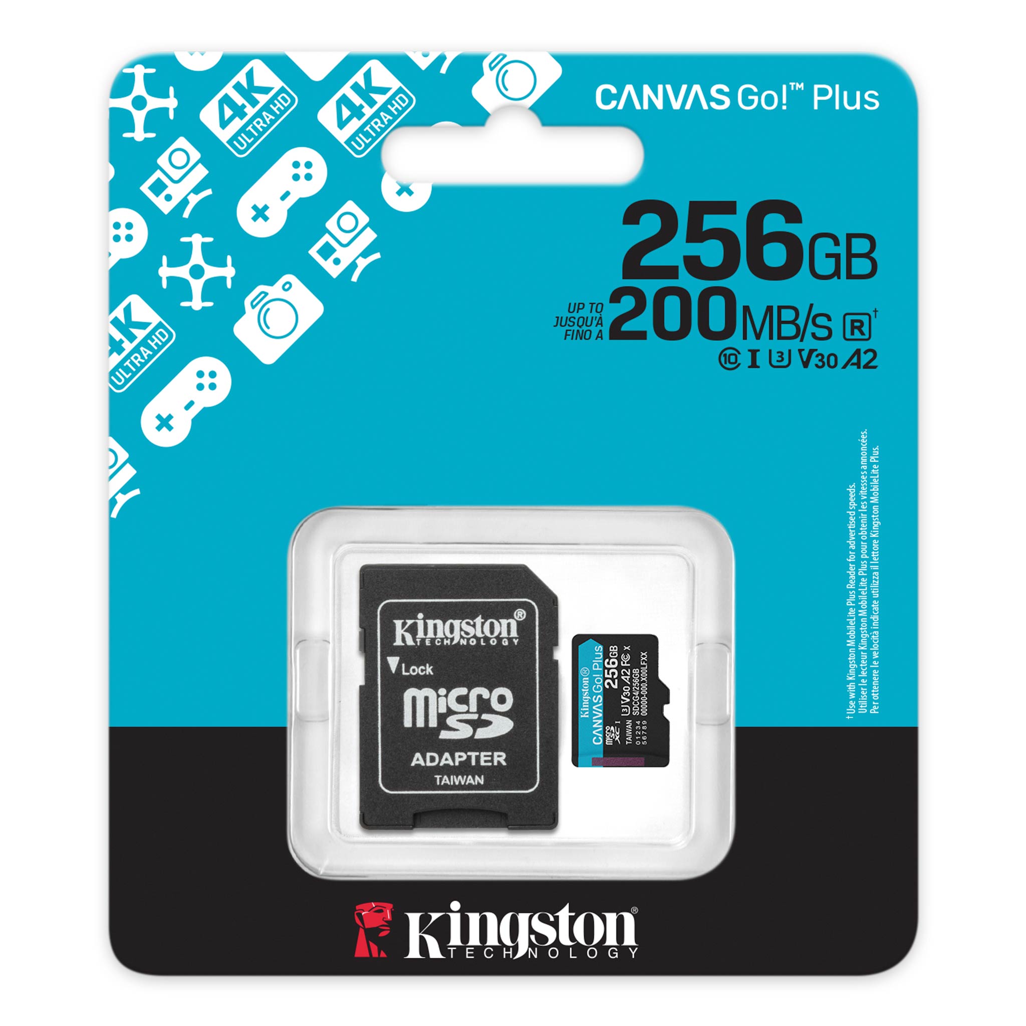 Kingston Canvas Go! Plus C10 UHS-I U3 V30 A2 200MB/s Read microSD Memory Card with SD Adapter
