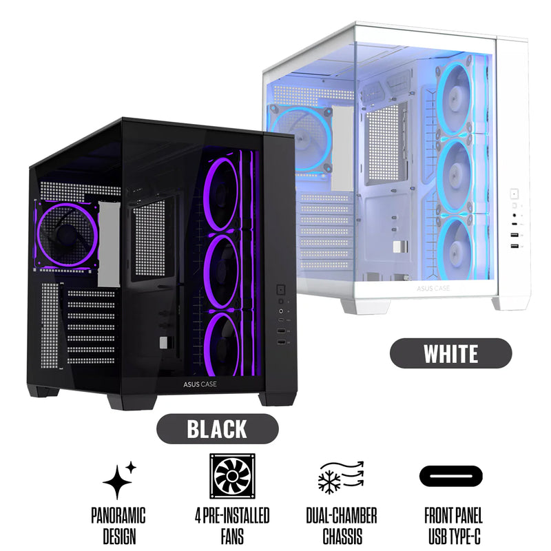 Asus A32 Plus Tempered Glass Panel ATX PC Case with 4 Pre-Installed ARGB Fans (Black, White)