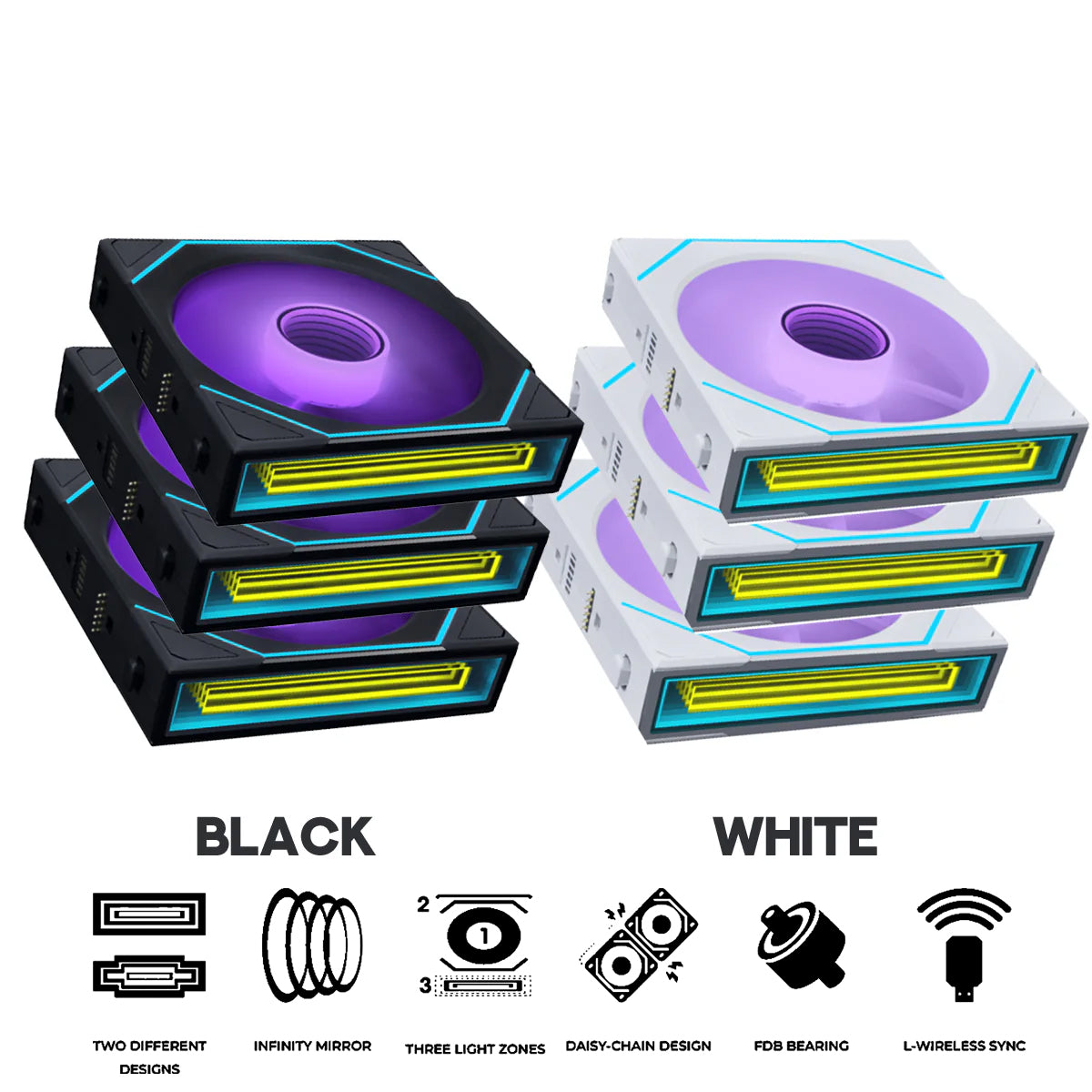 Lian Li Uni Fan SL-INF Wireless 120mm Reverse Blade ARGB Fan - Triple Pack (Black, White) (12RSLIN1W3B, 12RSLIN1W3W)