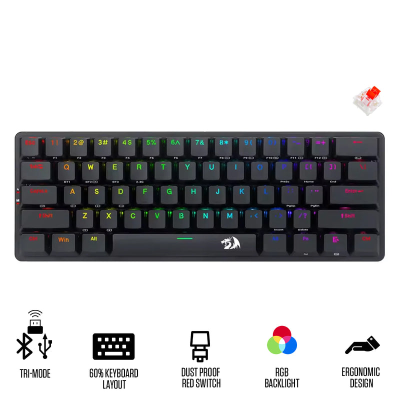 Redragon K615P-KBS Elise Pro Tri-Mode RGB 60% Mechanical Gaming Keyboard (Dust Proof Red Switch) (K615P-KBS)