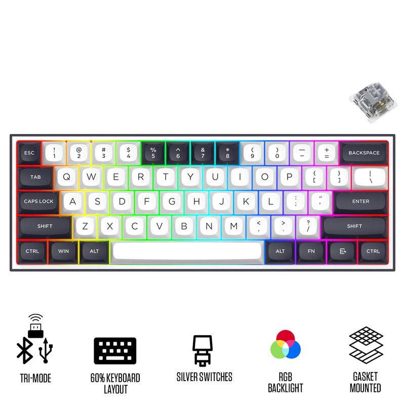 Redragon K717 Alcor QMK Tri-Mode RGB 60% Mechanical Gaming Keyboard (White/Black) (Silver Linear Switch) (K717WB-RGB-PRO)