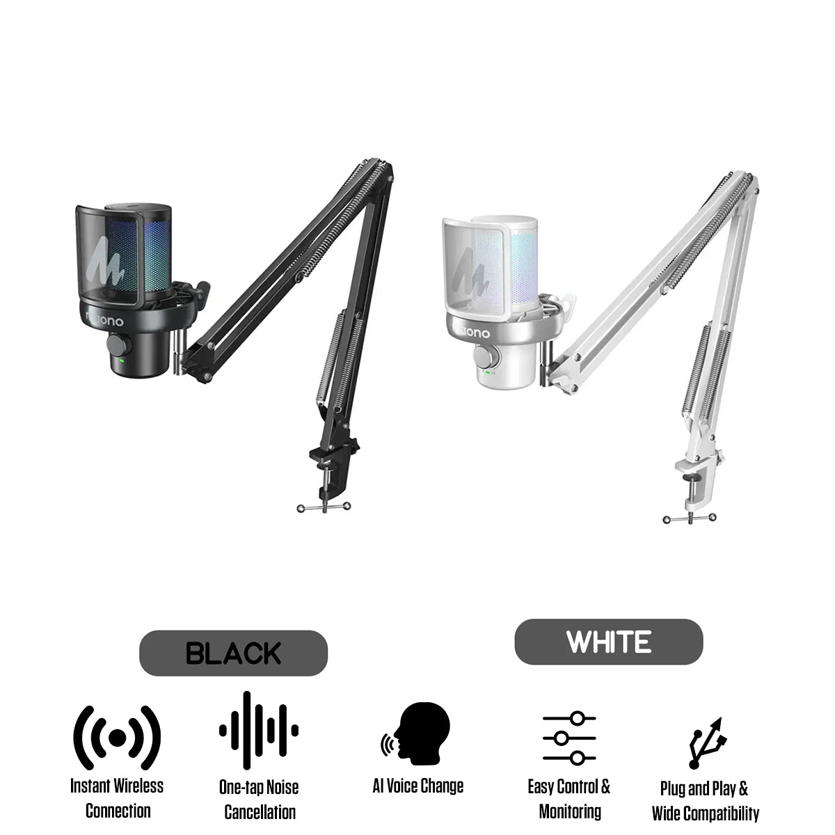 Maono DM40 Pro S Wireless RGB Condenser Gaming Desktop Microphone with Boom Arm (Black, White)