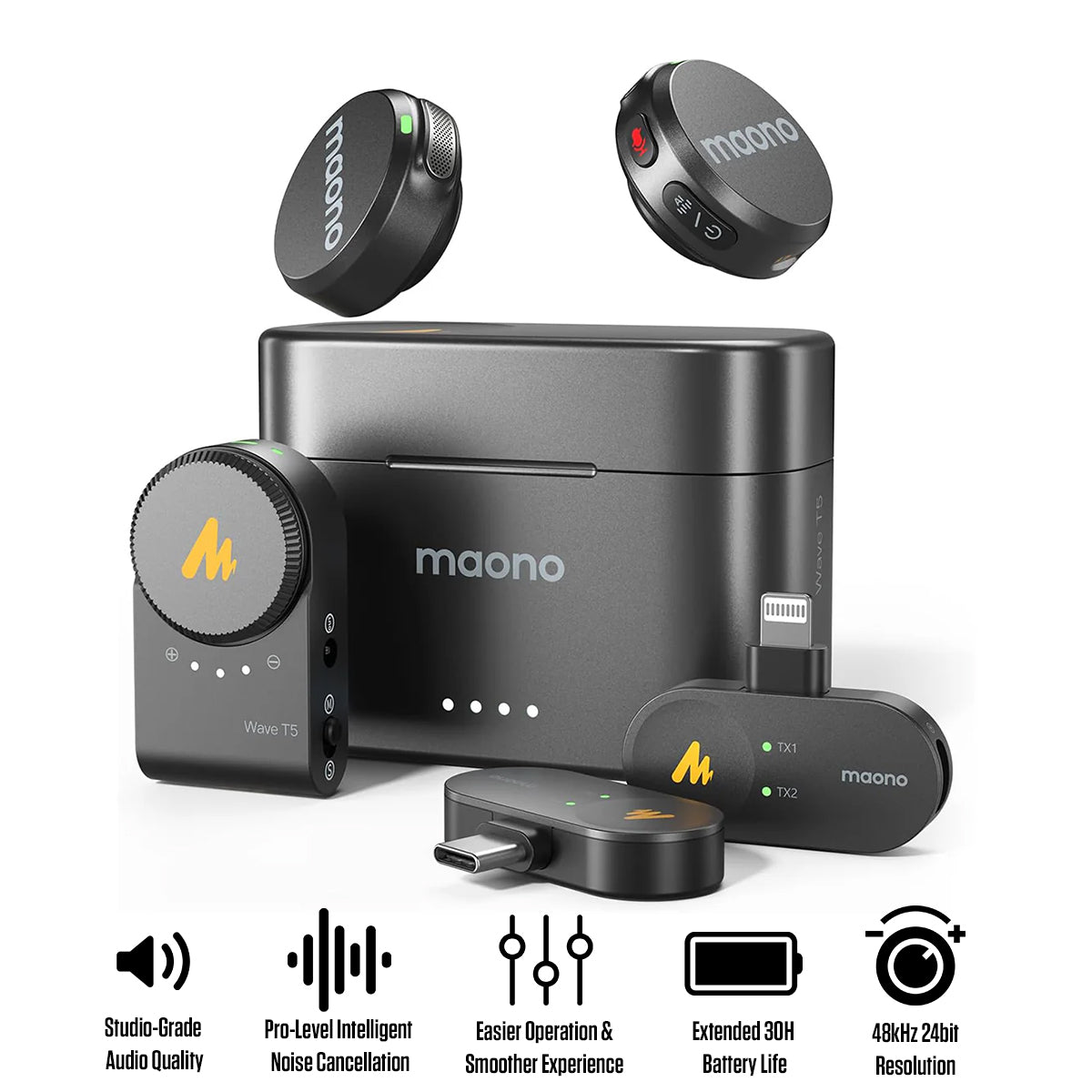 Maono Wave T5 WM650 PA3 AI Wireless Lavalier Microphone Combo Version for Camera / Lightning / Type-C