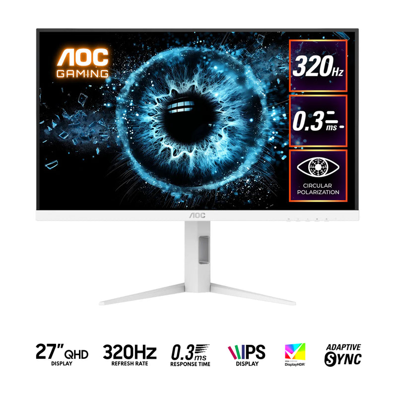 AOC Q27G4SL/WS/69 27" QHD (2560x1440) 320Hz 0.3ms MPRT/1ms GTG Fats IPS Circular Polarized Gaming Monitor with Tilt, Height, Swivel & Pivot Adjustment (White/Silver)