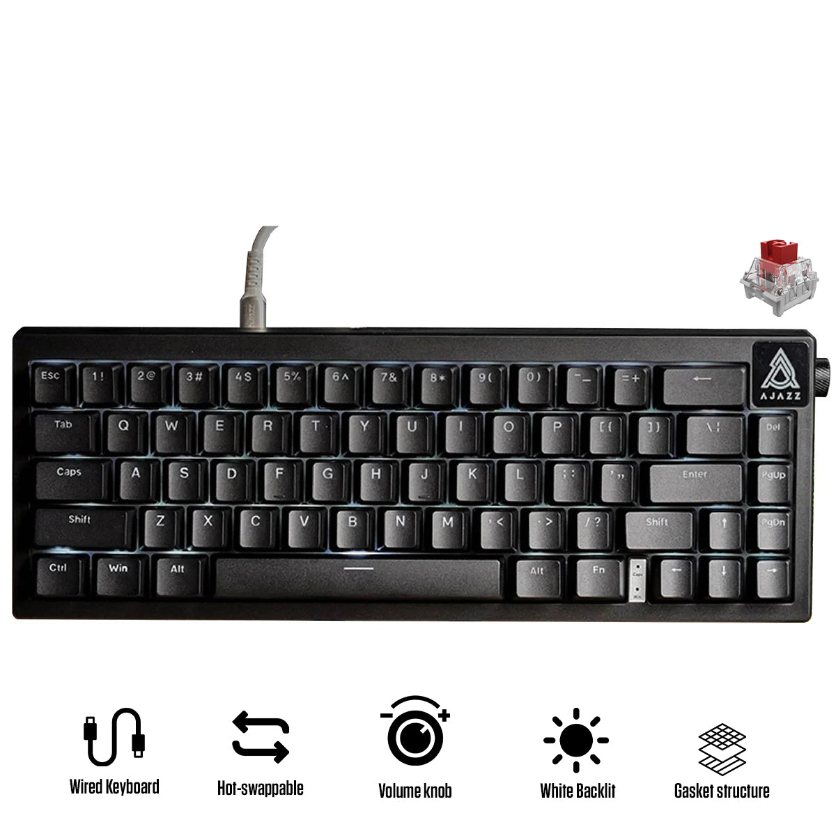 Ajazz AK650 White Backlit Wired 66-Key Gasket-Mounted Hot-Swappable Mechanical Keyboard (Black) (Red Switch)