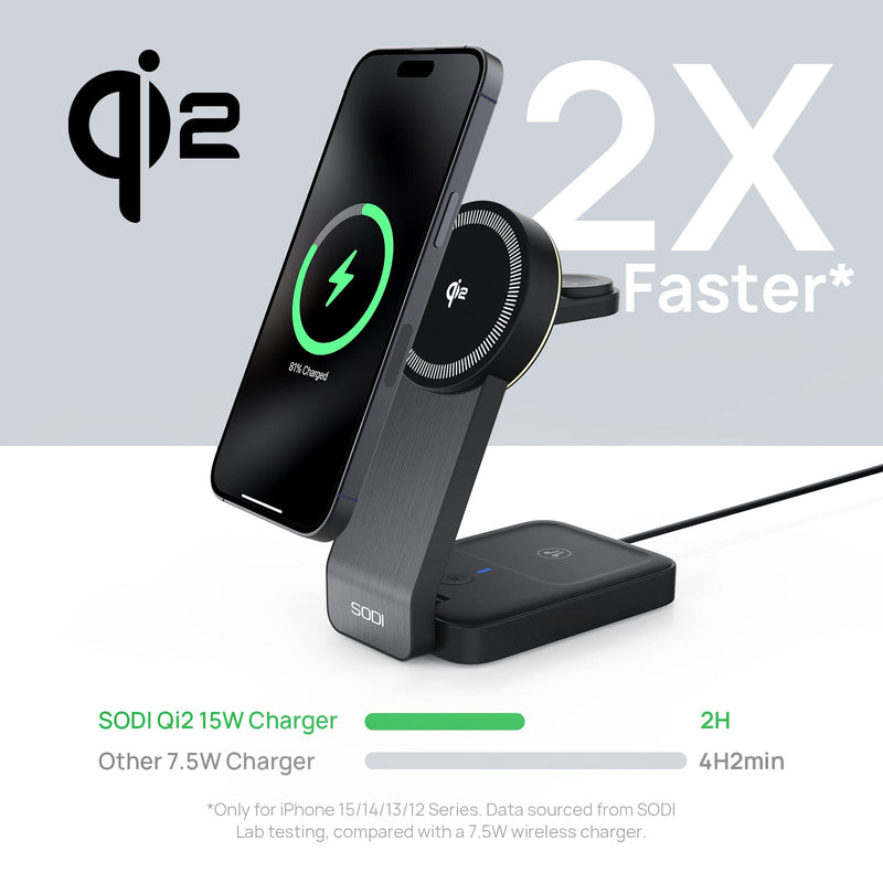 SODI W79 3-in-1 Magnetic Charger w/ 15W Qi2 Wireless Charging Night Light (Black)