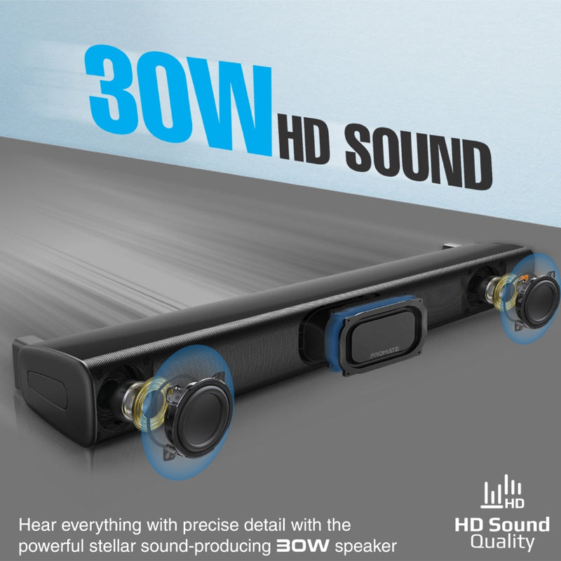 Promate Streambar-30 30W Bassboost Soundbar w/ Built-In Subwoofer (Black)