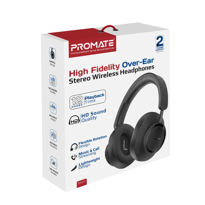 Promate Takt High Fidelity Over-Ear Stereo Wireless Headphones (Black, White)