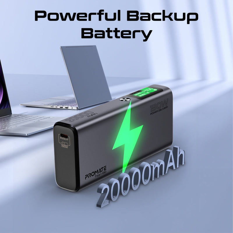 Promate Titan-130 20000mAh Sleek 130W Multi-Port Power Delivery Power Bank with TFT LCD Screen
