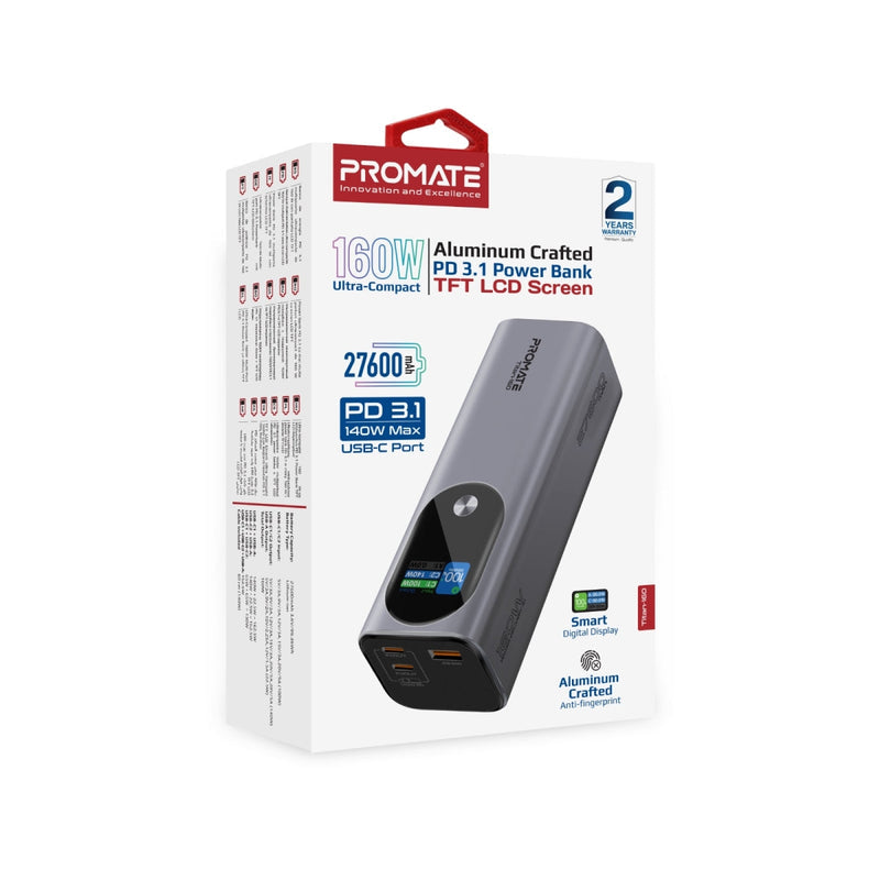 Promate Titan-160 27600mAh Ultra-Compact 160W Multi-Port PD 3.1 Power Bank with TFT LCD Screen