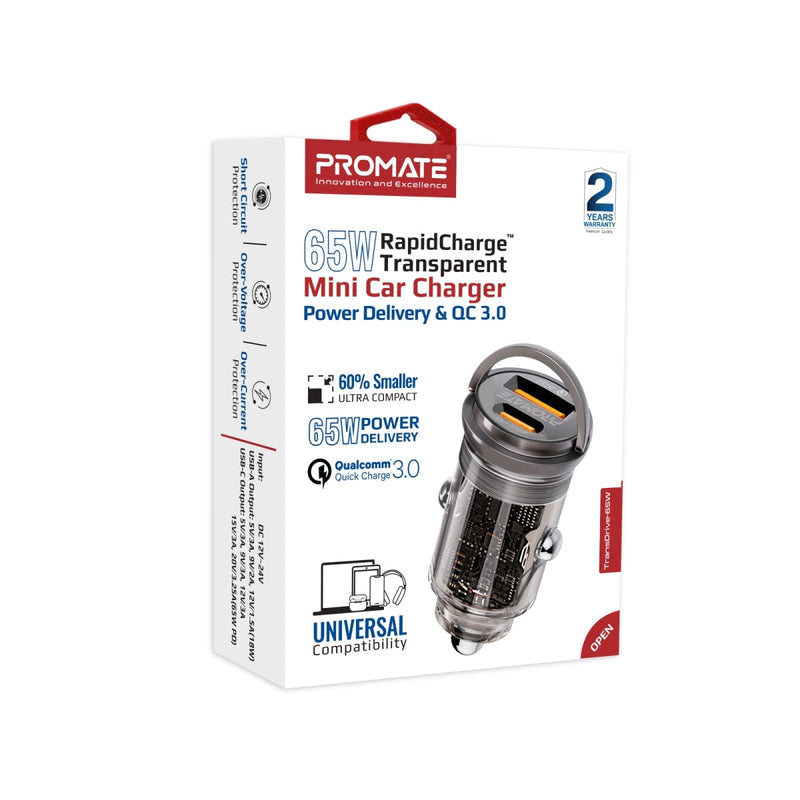 Promate TransDrive-65W 65W RapidCharge Transparent Mini Car Charger with Power Delivery & QC 3.0