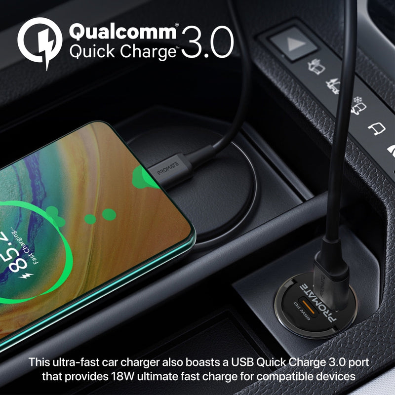 Promate TransDrive-65W 65W RapidCharge Transparent Mini Car Charger with Power Delivery & QC 3.0
