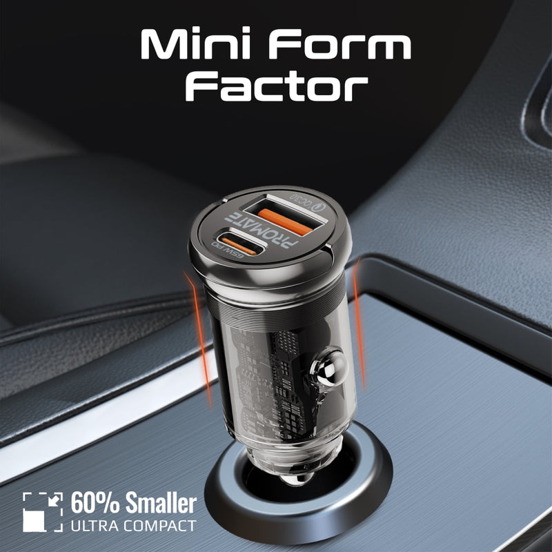 Promate TransDrive-65W 65W RapidCharge Transparent Mini Car Charger with Power Delivery & QC 3.0