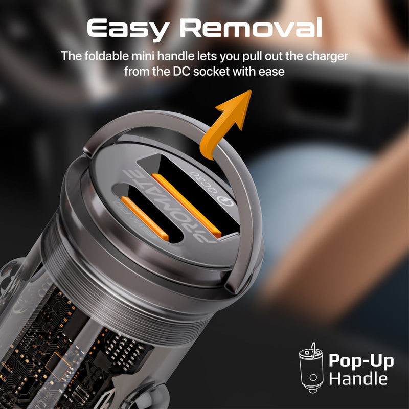Promate TransDrive-65W 65W RapidCharge Transparent Mini Car Charger with Power Delivery & QC 3.0