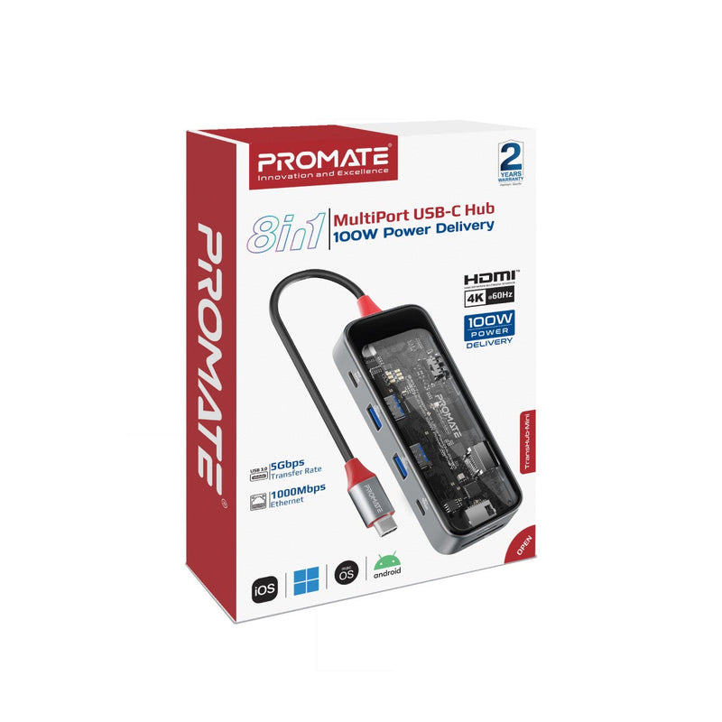 Promate TransHub-Mini 8-in 1 Transparent Ultra-Fast Multiport USB-C Hub with 100W Power Delivery
