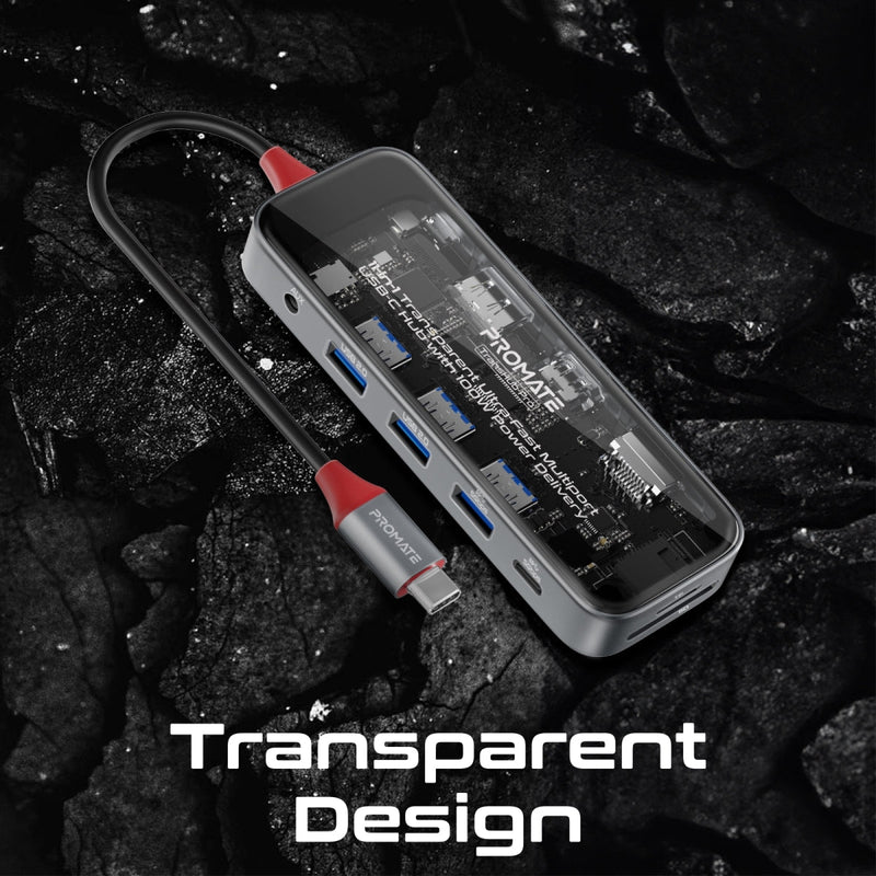 Promate Transhub-Pro 11-In-1 Transparent Multiport USB-C Hub With 100W Power Delivery | DataBlitz