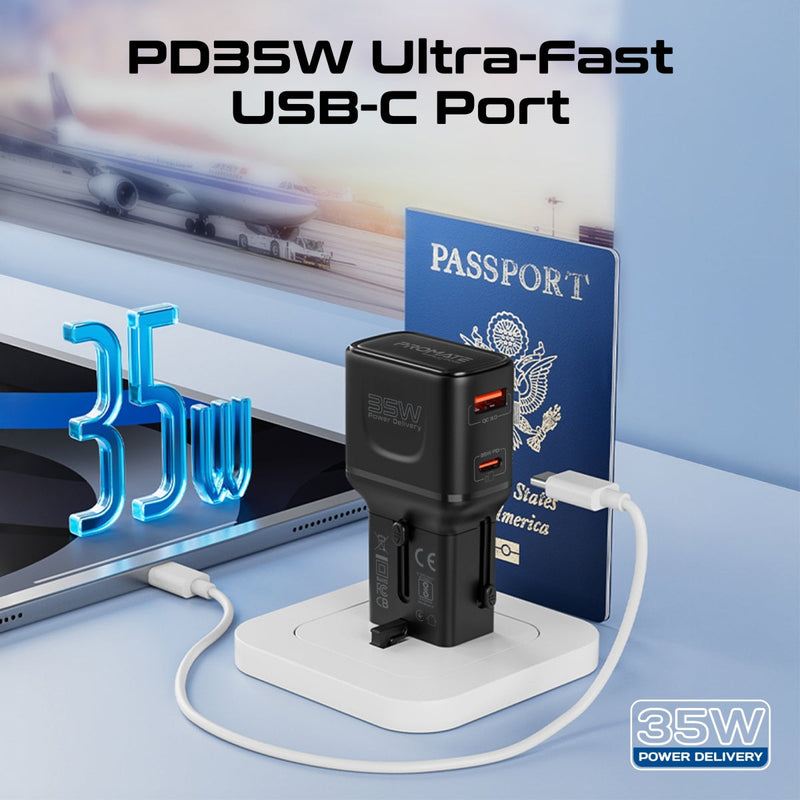Promate TriPlug-PD35 35W Power Delivery Multi-Port Universal Travel Adapter