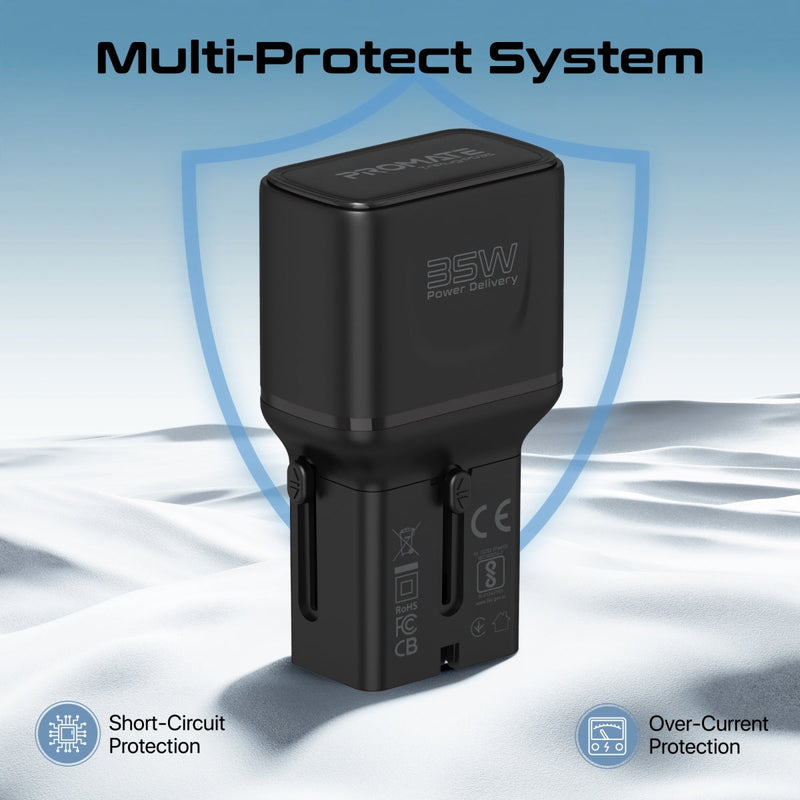 Promate TriPlug-PD35 35W Power Delivery Multi-Port Universal Travel Adapter