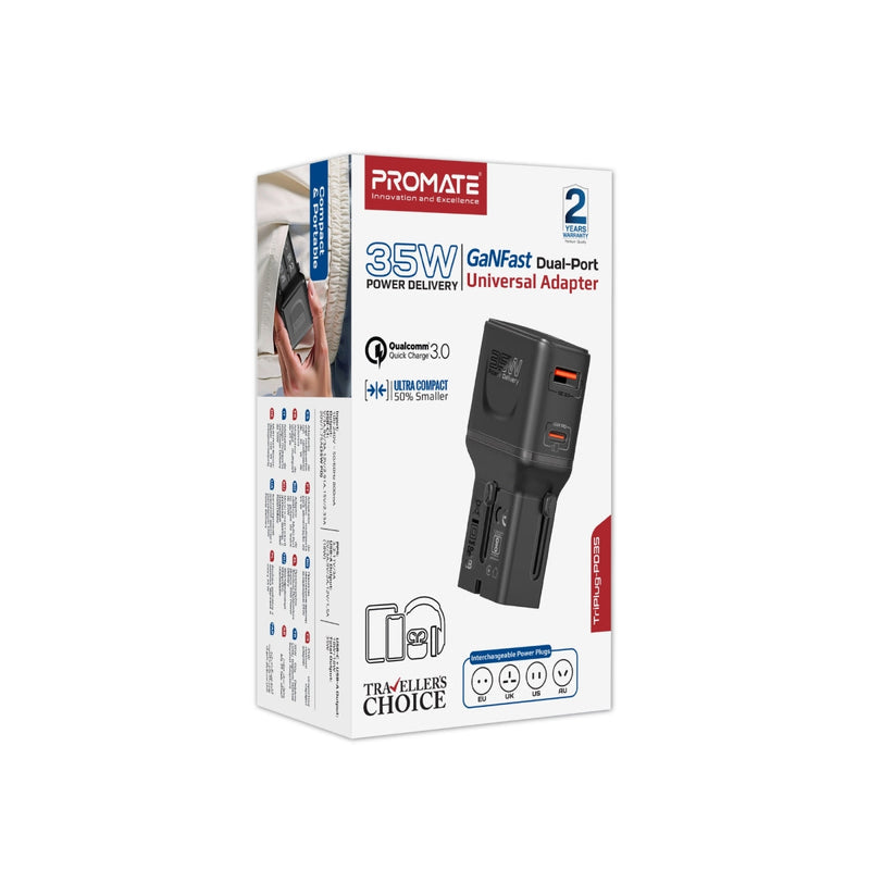 Promate TriPlug-PD35 35W Power Delivery Multi-Port Universal Travel Adapter