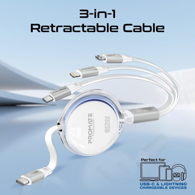 Promate TrioCord-R 3-in-1 110cm USB-C & Lightning Ultra-Fast Retractable Multi-Connector Cable