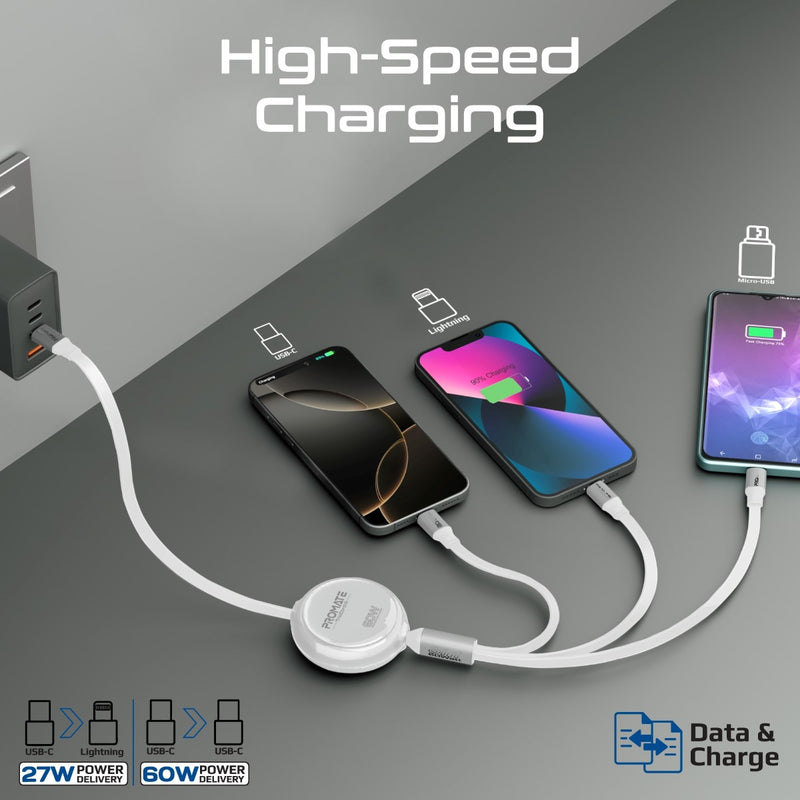 Promate TrioCord-R 3-in-1 110cm USB-C & Lightning Ultra-Fast Retractable Multi-Connector Cable
