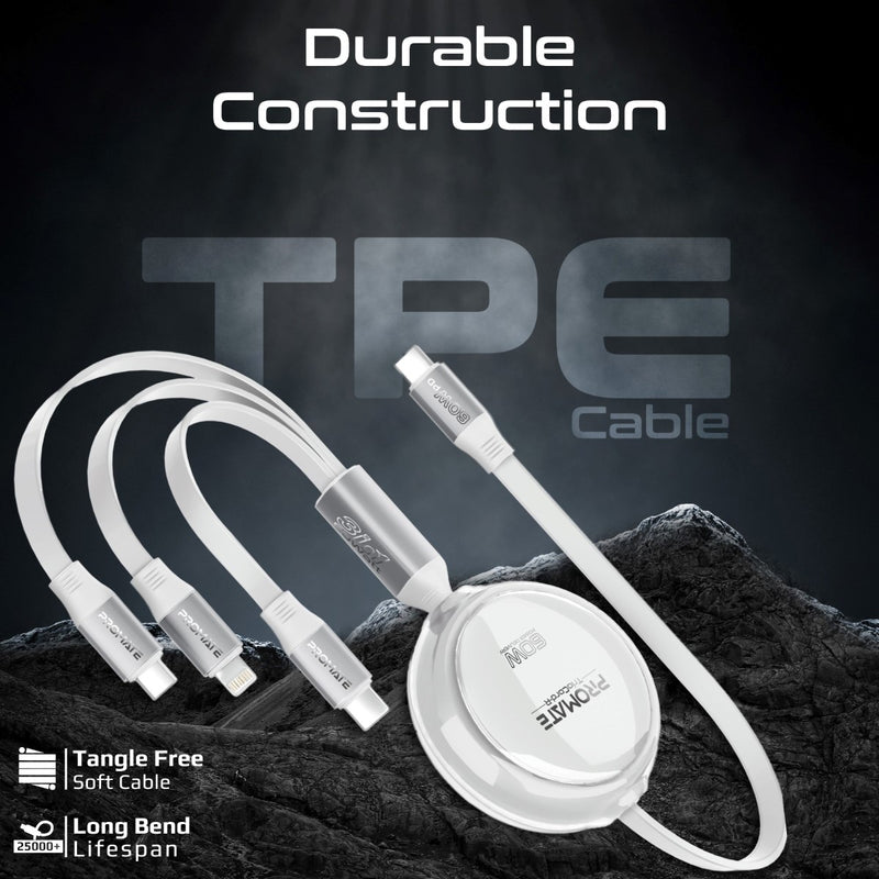 Promate TrioCord-R 3-in-1 110cm USB-C & Lightning Ultra-Fast Retractable Multi-Connector Cable