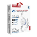 Promate TrioCord-R 3-in-1 110cm USB-C & Lightning Ultra-Fast Retractable Multi-Connector Cable