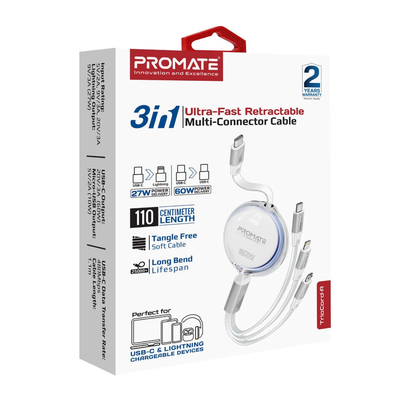 Promate TrioCord-R 3-in-1 110cm USB-C & Lightning Ultra-Fast Retractable Multi-Connector Cable