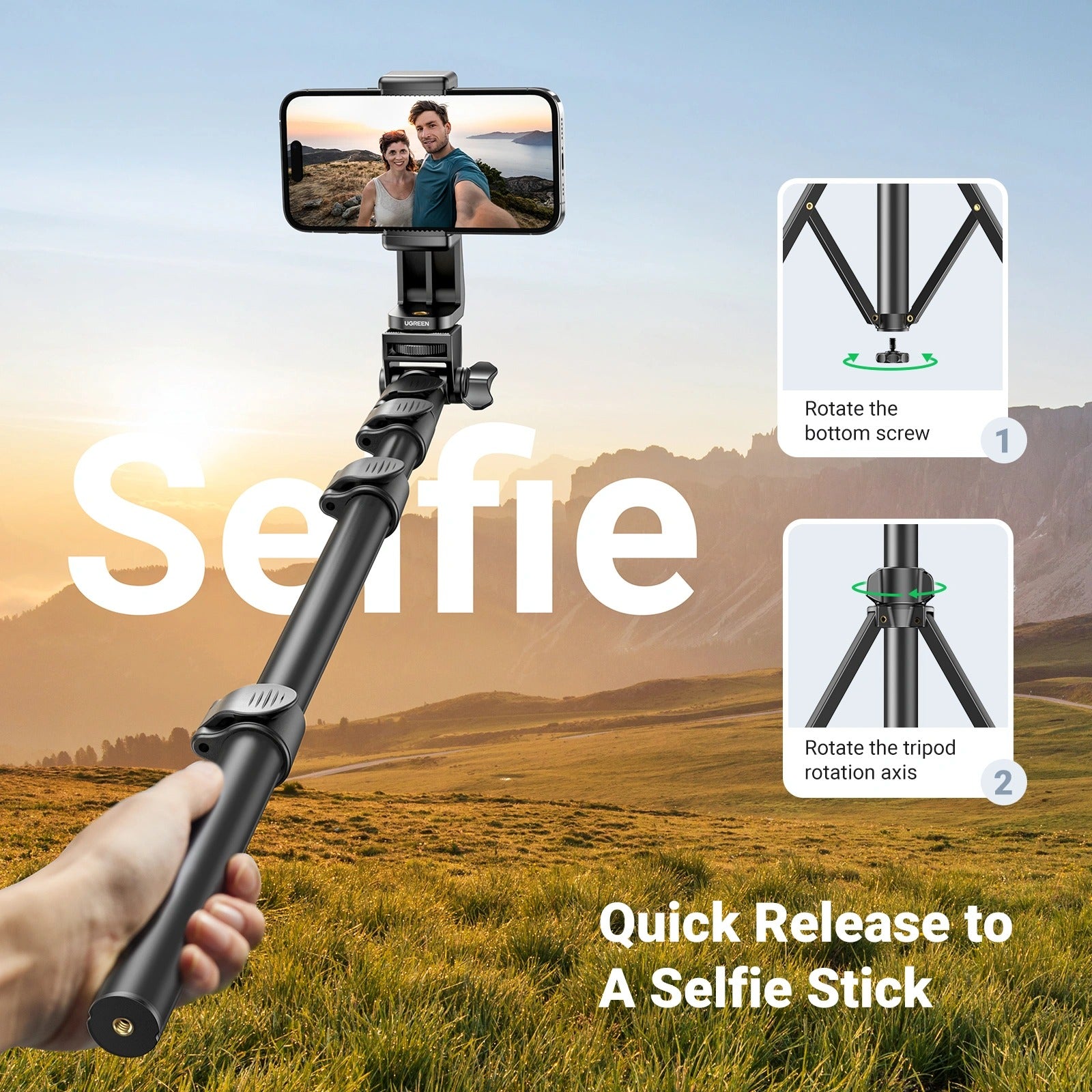 Ugreen Selfie Stick Tripod with Bluetooth Remote - 1.7m (Black) (LP680/15609)
